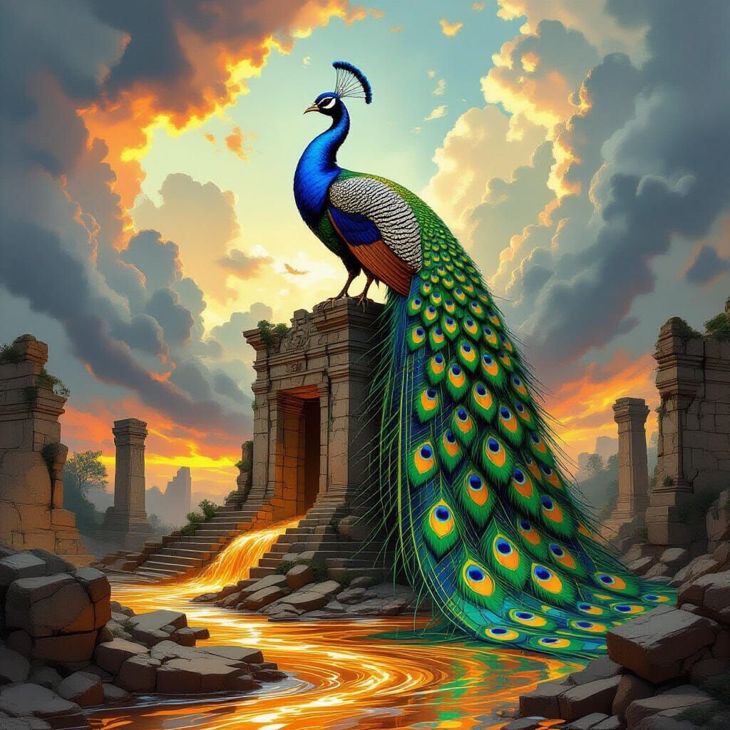 Ancient Peacock of Stained Glass Ruins and Molten Gold