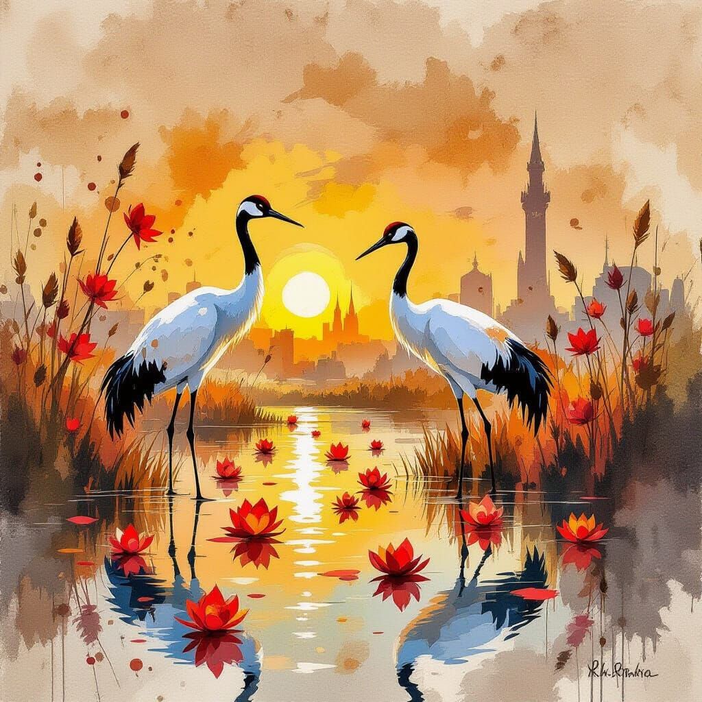 Cranes Amongst Lotuses: Impasto Autumn Scene
