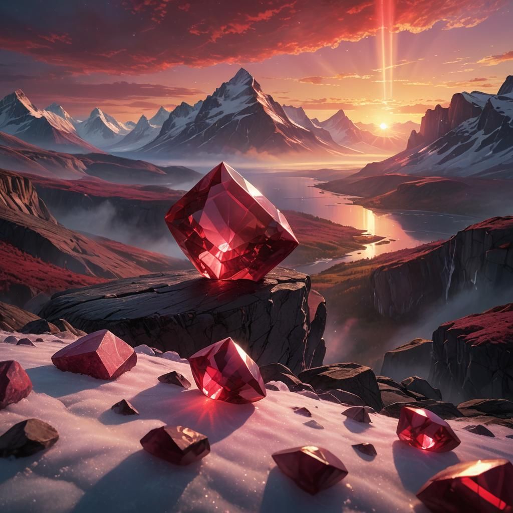 Giant Ruby Refracts Light in Fantasy Landscape