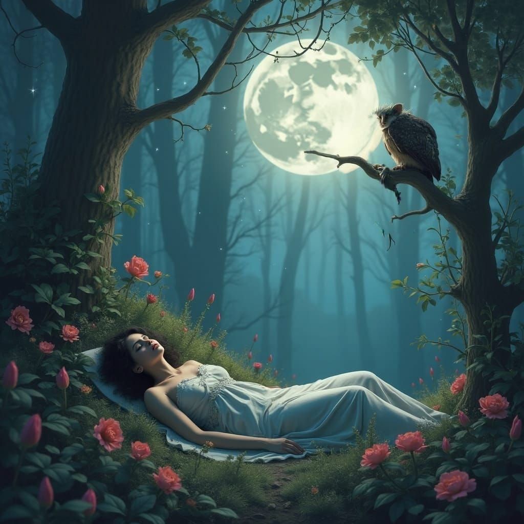 Woman's Body in Forest with Owl, Detailed Matte Painting
