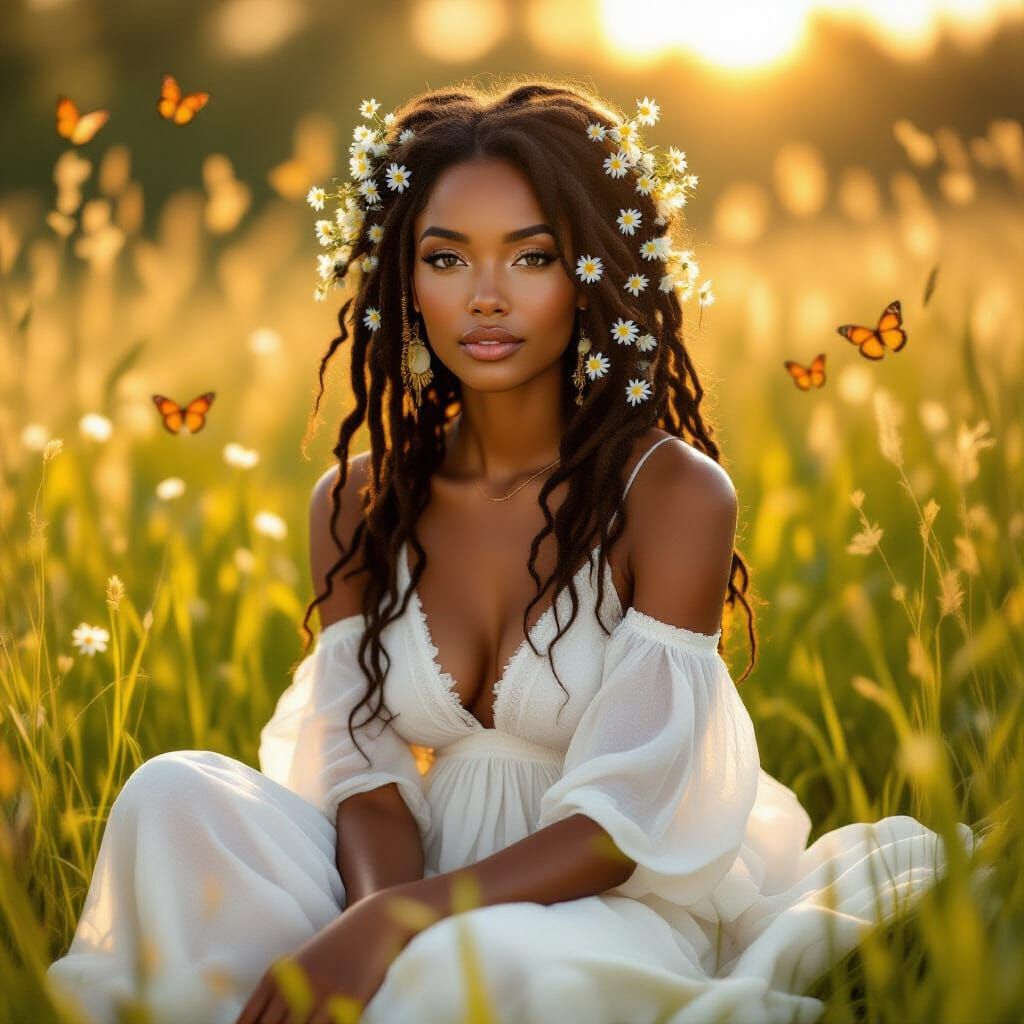 Black Woman with Wildflowers in Hair, Art Nouveau Style