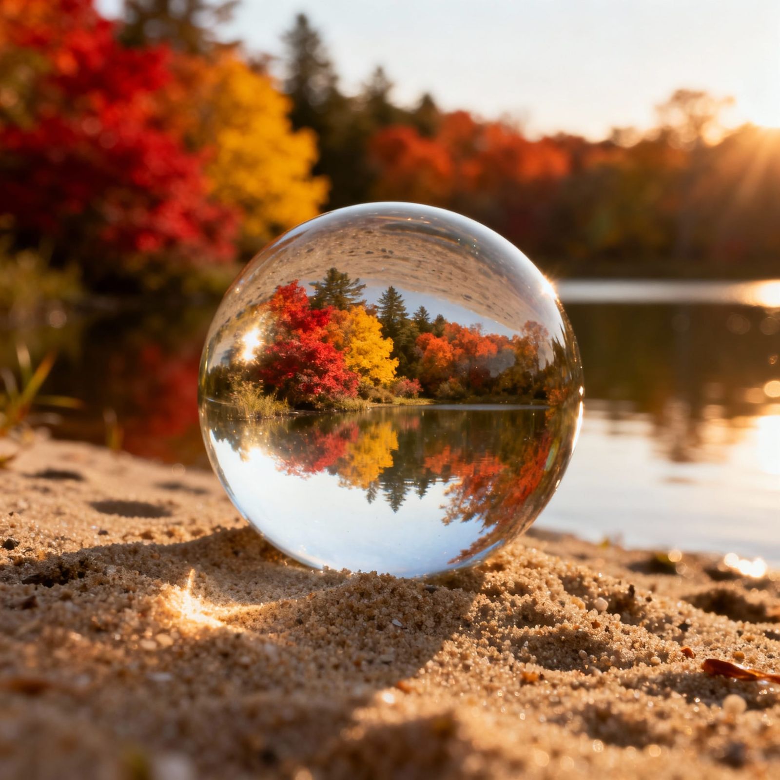 Glass Ball Reflecting Autumn Pond in Golden Hour