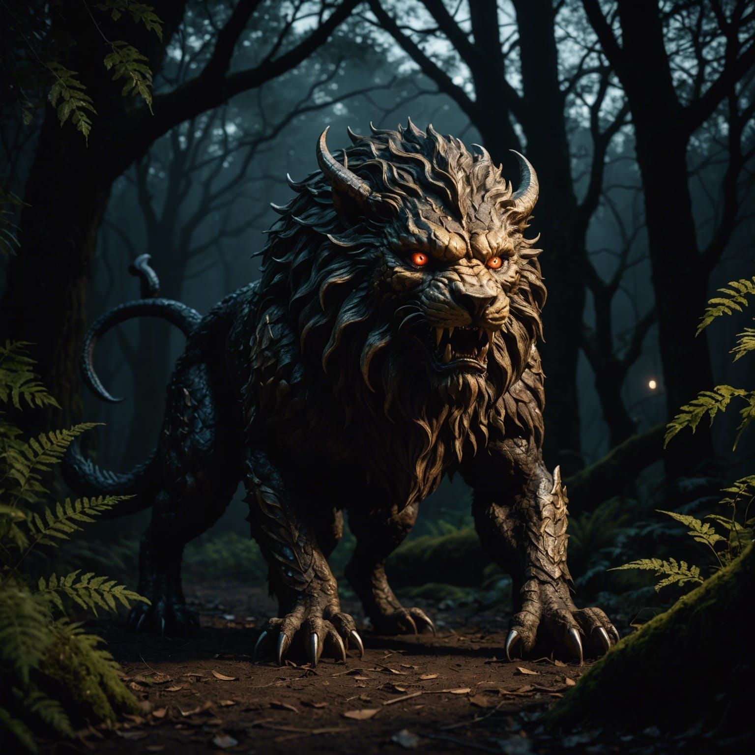 Manticore Emerges from Dark Forest at Night