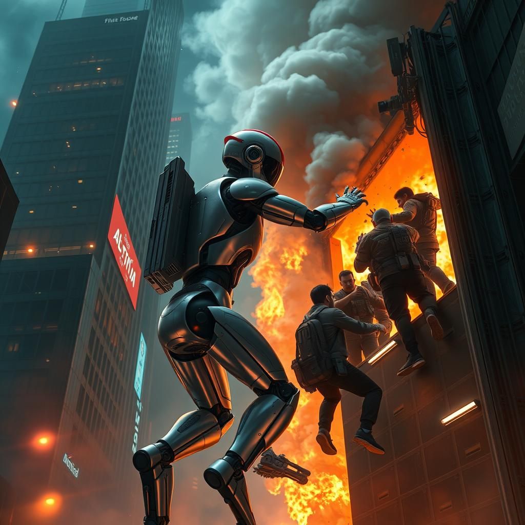 Futuristic Robot Paramedic Rescue in Burning Cityscape
