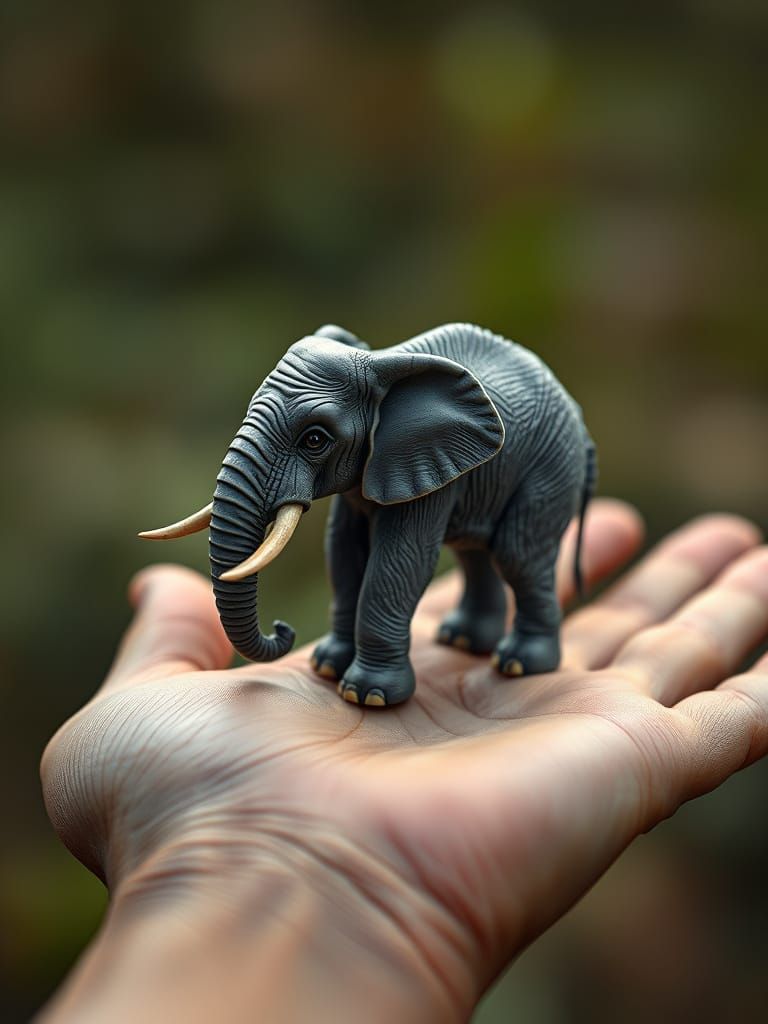 Tiny Elephant on Human Hand, Meticulously Detailed