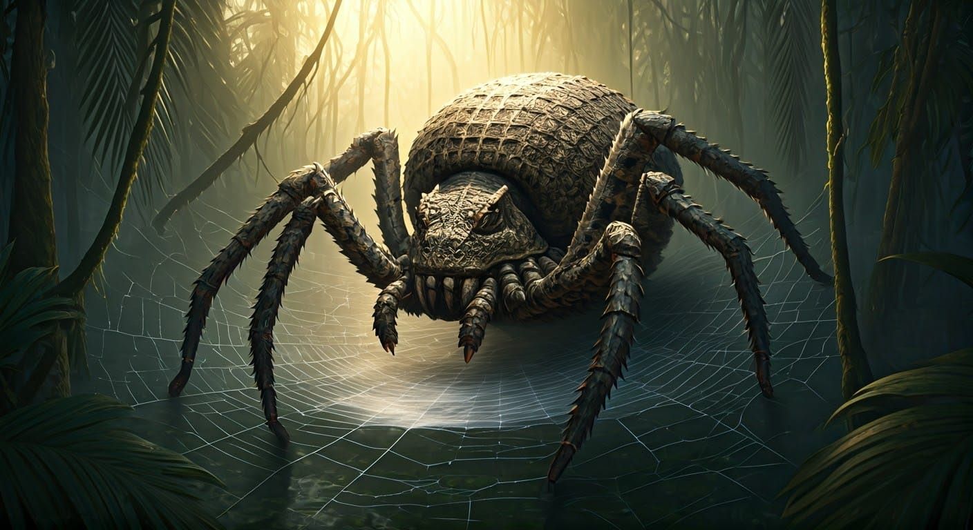 Hyper-Realistic Crocodile Spider in Primeval Amazonian Swamp