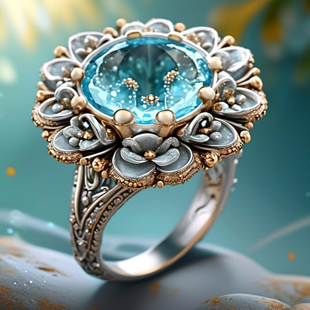 Aquamarine Gerbera Daisy Ring in Art Nouveau Style