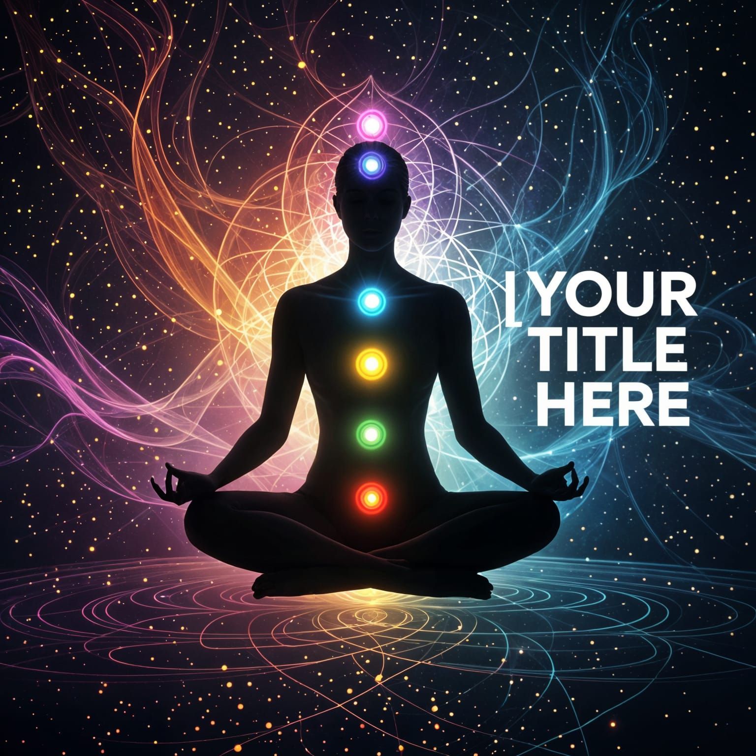 Meditating Silhouette with Glowing Chakras in Cosmic Scene