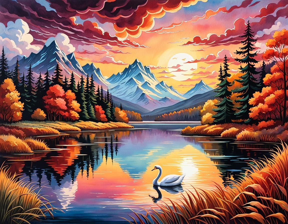 Autumn Swan on Lake, Cel-Shaded Watercolor Ink Drawing