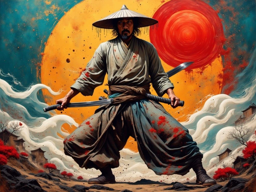 Grungy Oil Painting of a Samurai in Battle Pose