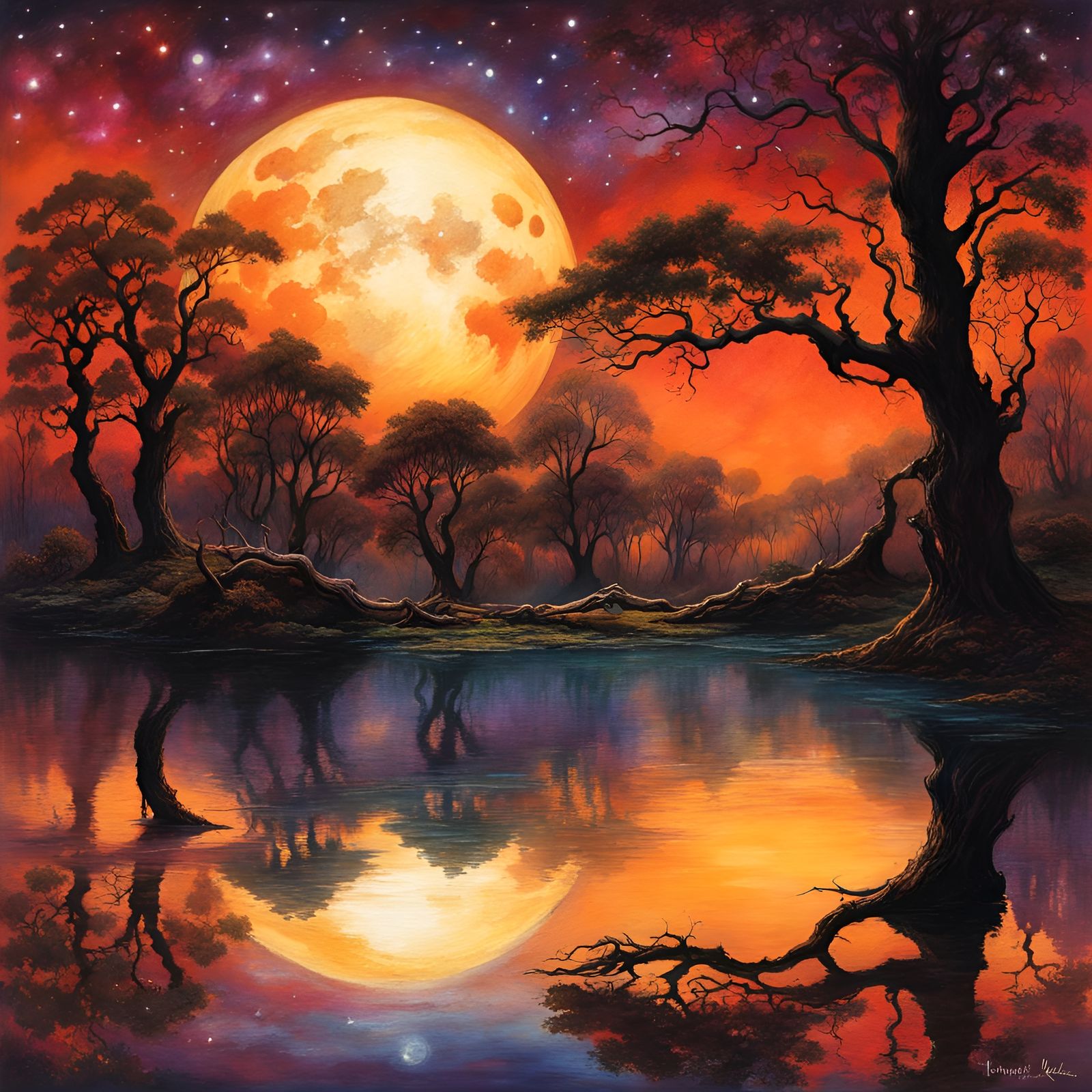 Blood Moon Reflection in Watercolor Style