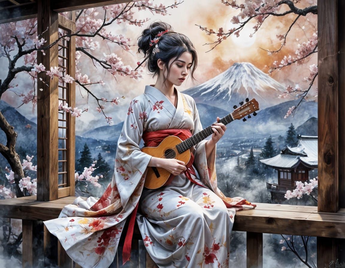 Geisha with Shamisen, Mount Fuji at Sunrise in Watercolor