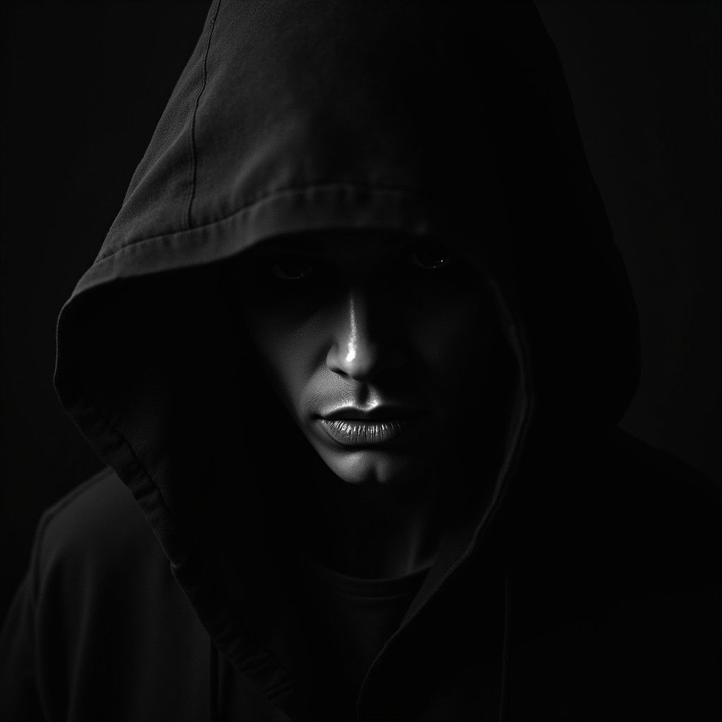 Dramatic Monochrome Hooded Figure in Shadows