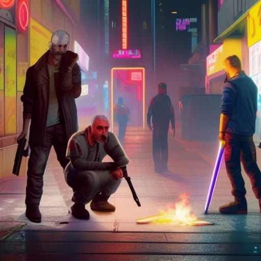 Cyberpunk Scene: Homeless Man and Android