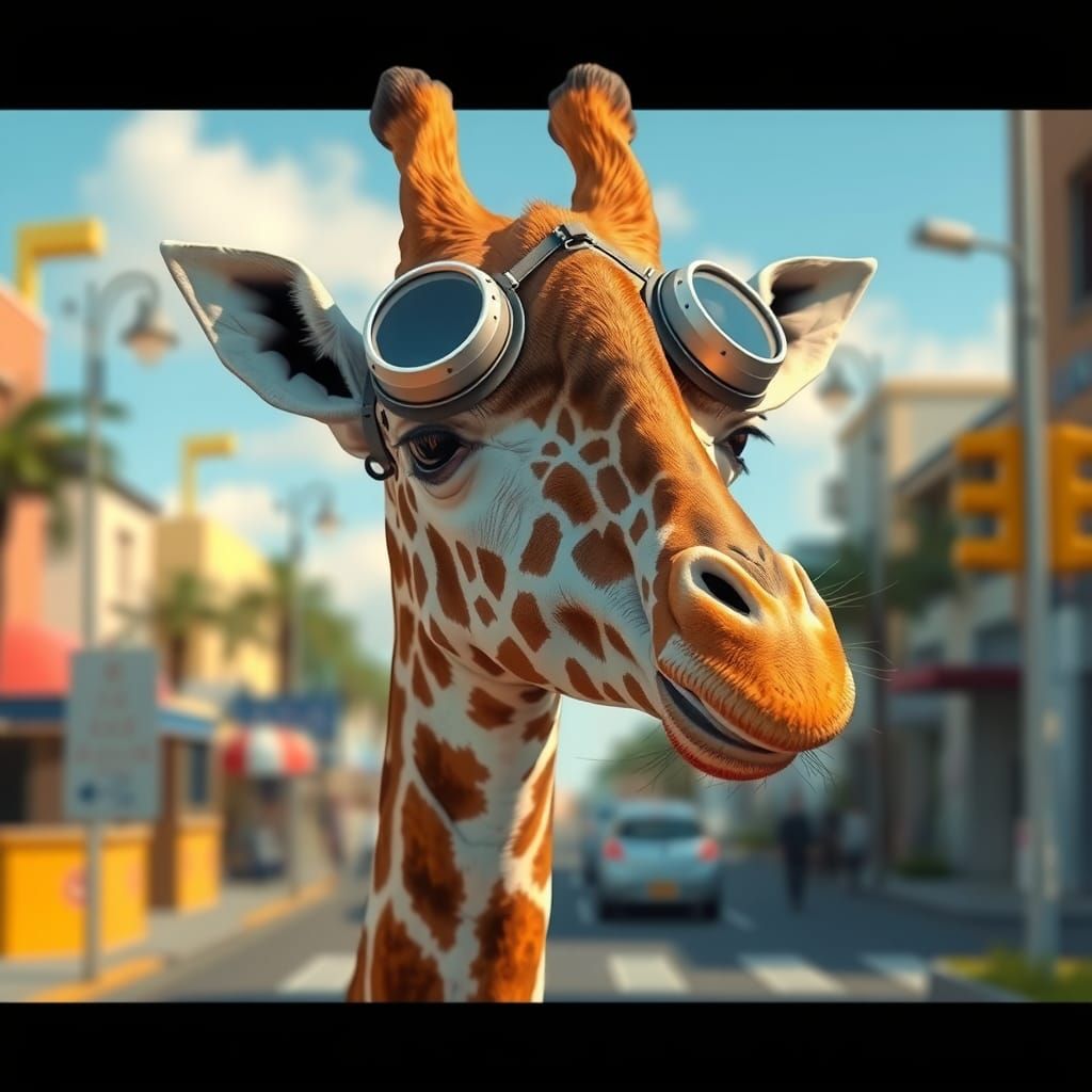 Giraffe Pilot in Cityscape: Hyperrealistic CGI Character
