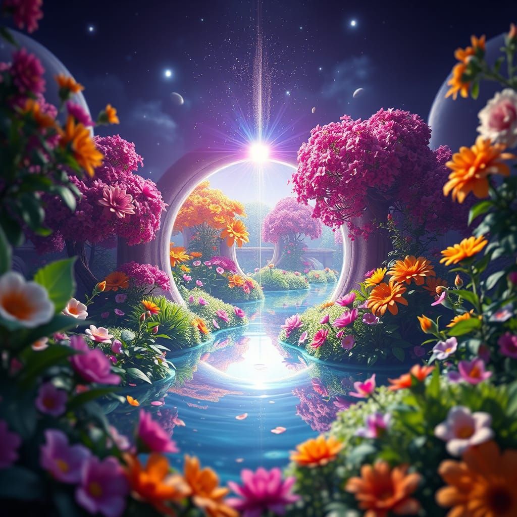 Futuristic Globe Reflecting Colourful Garden