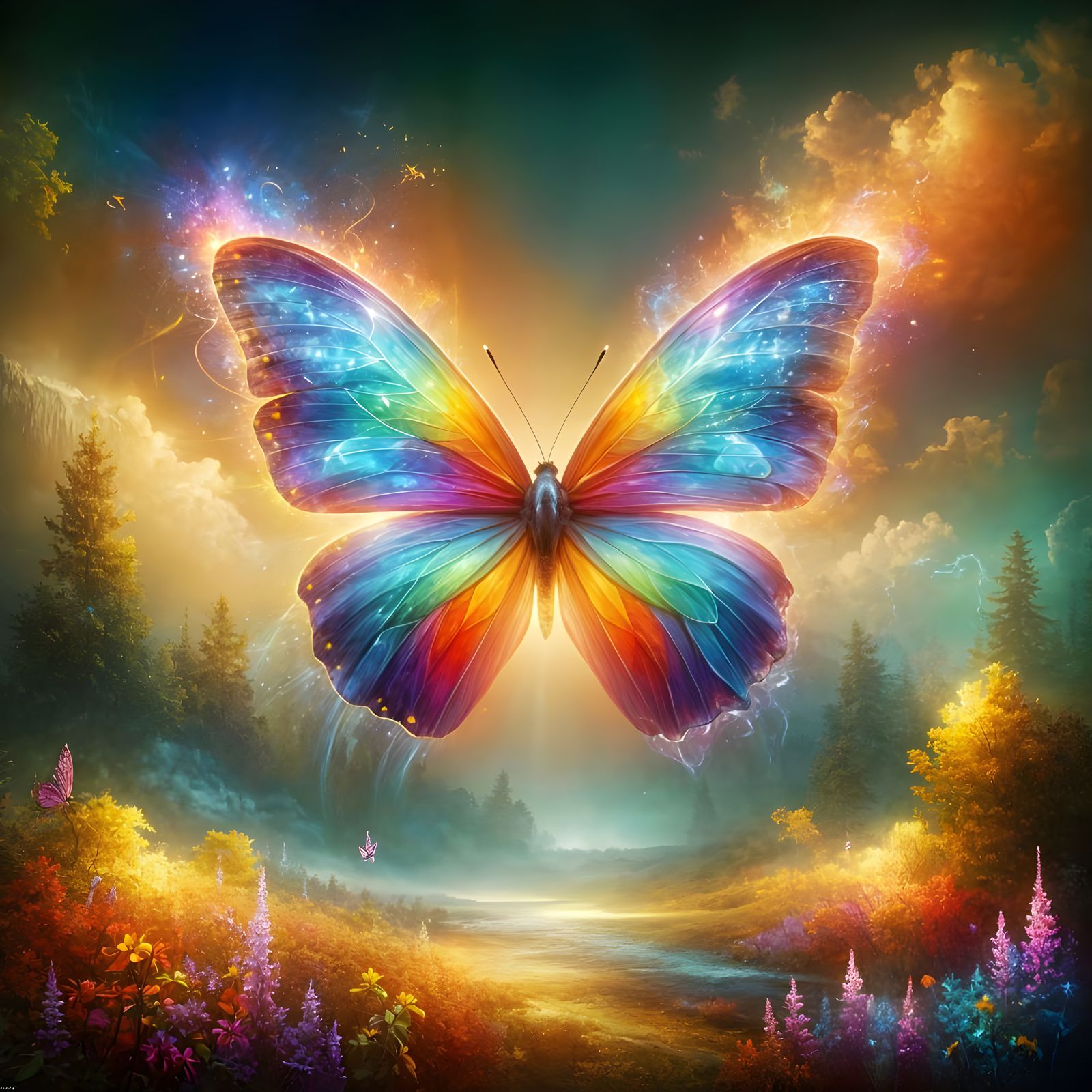 Neon Rainbow Butterfly in Ethereal Landscape
