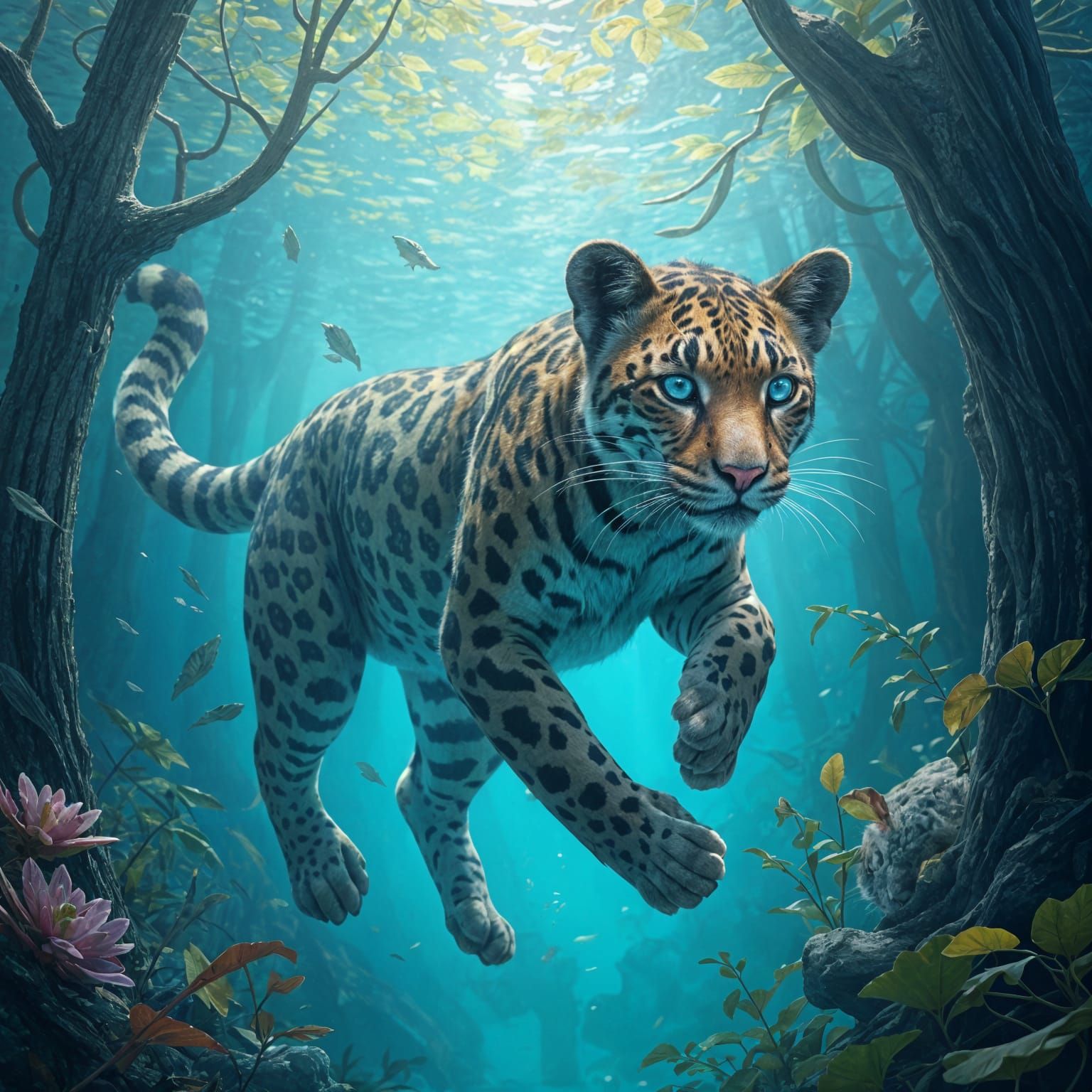 Clouded Leopard Swimming Underwater: Matte Painting