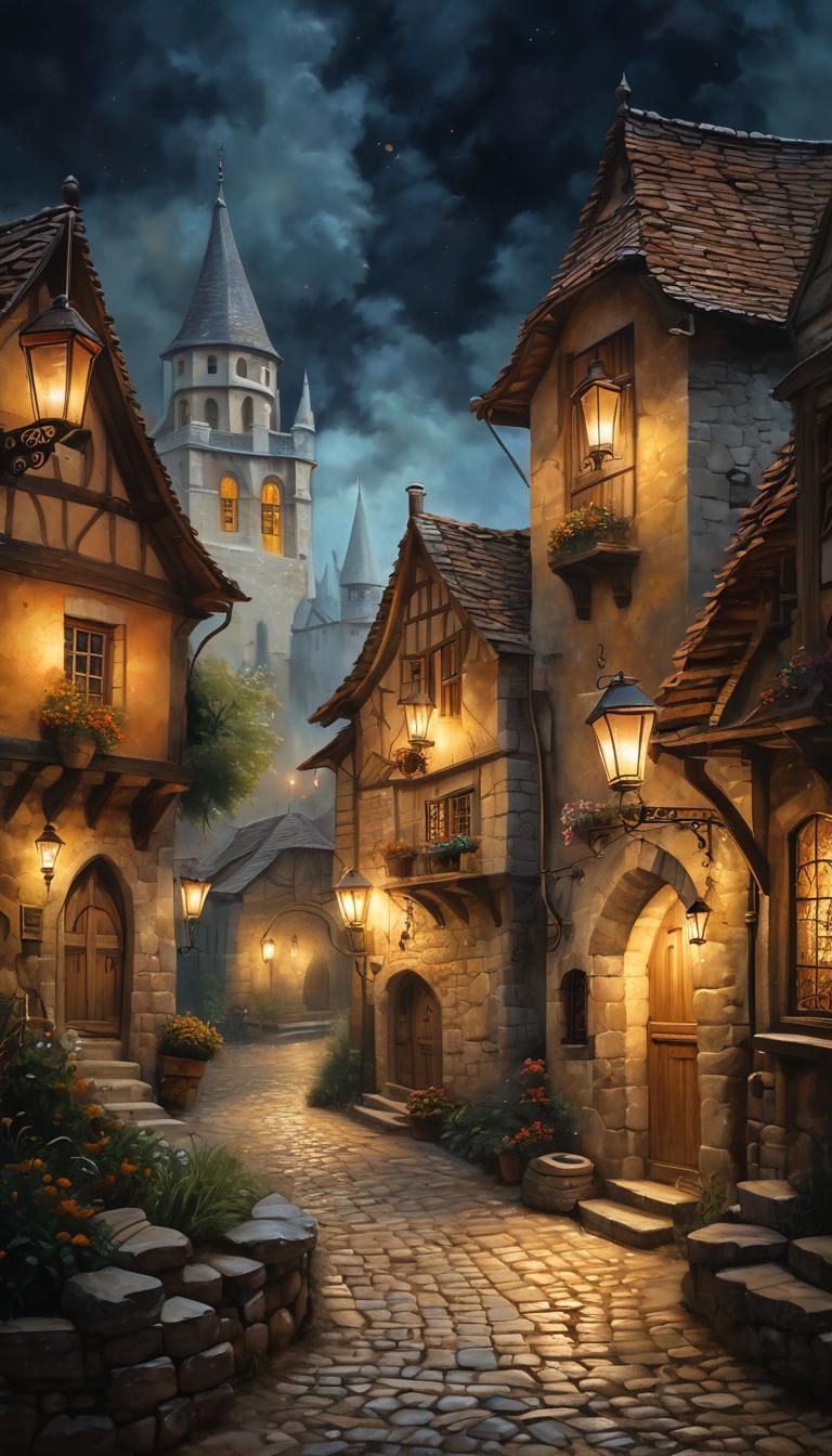 Quaint, medieval village at night with warm lanterns and misty atmosphere. Vibrant colors