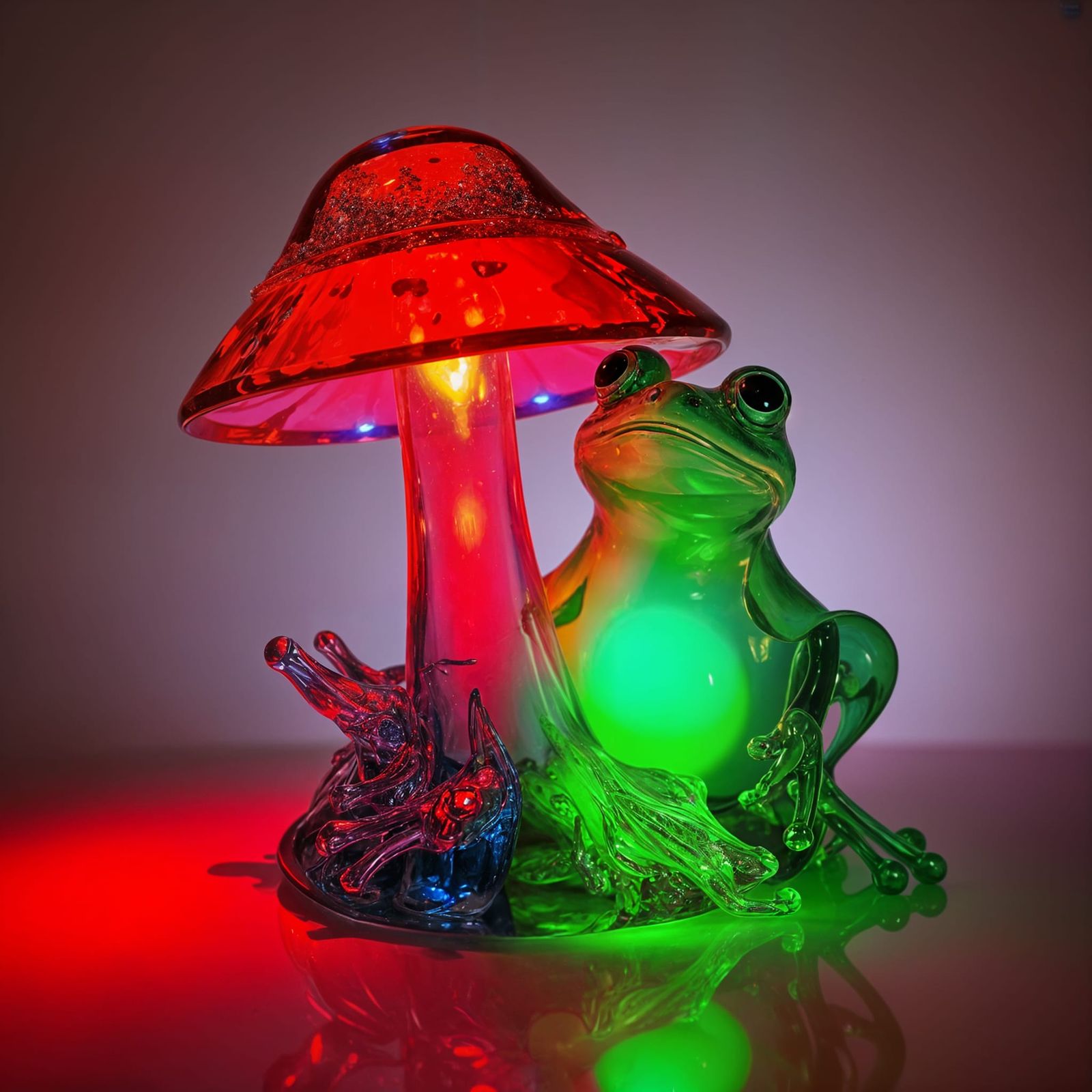 Glass Sculpture: Mushroom and Frog with Red and Blue Light