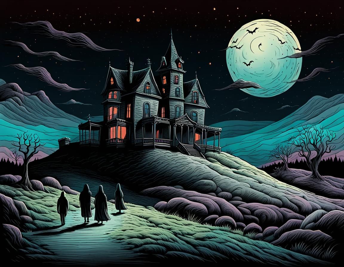 Haunted House with Ghostly Figures in Illustrative Style