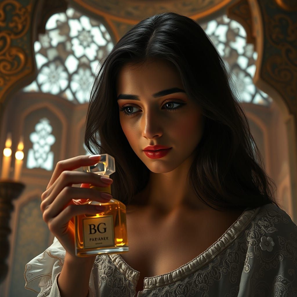 Uma linda mulher siria-libanesa 23 anos ao lado olhando O Perfume de Um Amor Distante com as letras "BG" no rótulo...
Há...