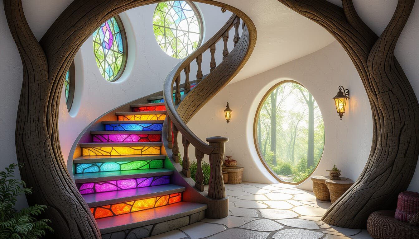 Colorful Spiral Staircase in Fantasy Forest