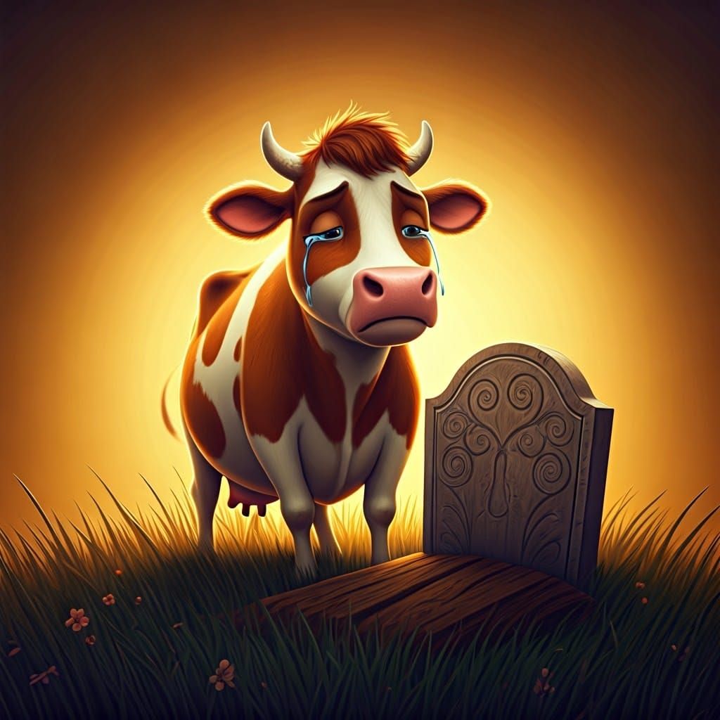 Mournful Cow Beside Rustic Wooden Grave in Vibrant Landscape