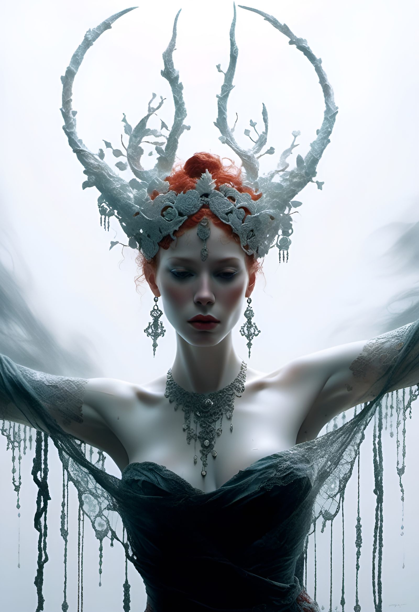 Red-Headed Horned Goddess in Storm, Digital Art