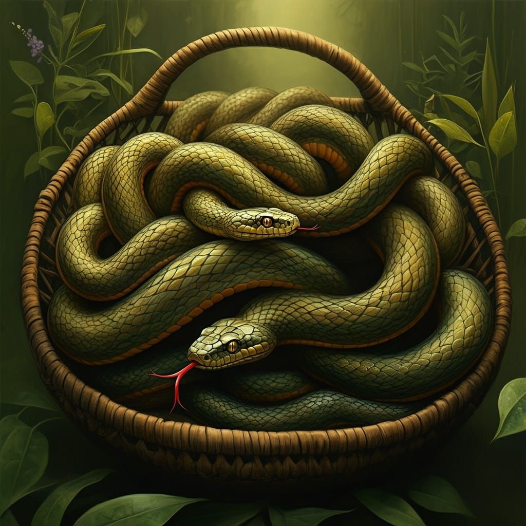 Surreal Wicker Basket Teeming with Enchanted Serpents in Vib...