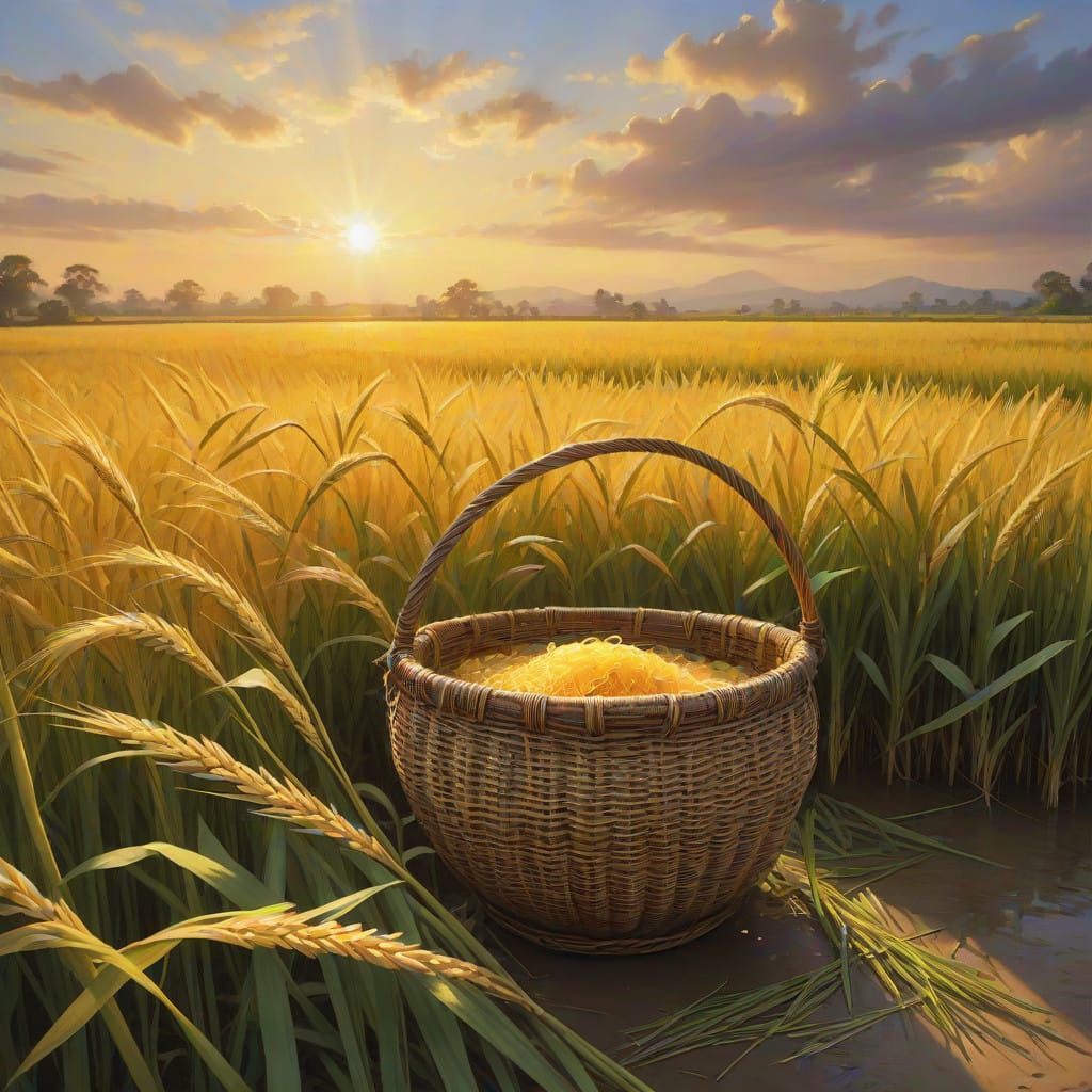 Golden Rice Harvest in a Handwoven Basket beside a Paddy Fie...