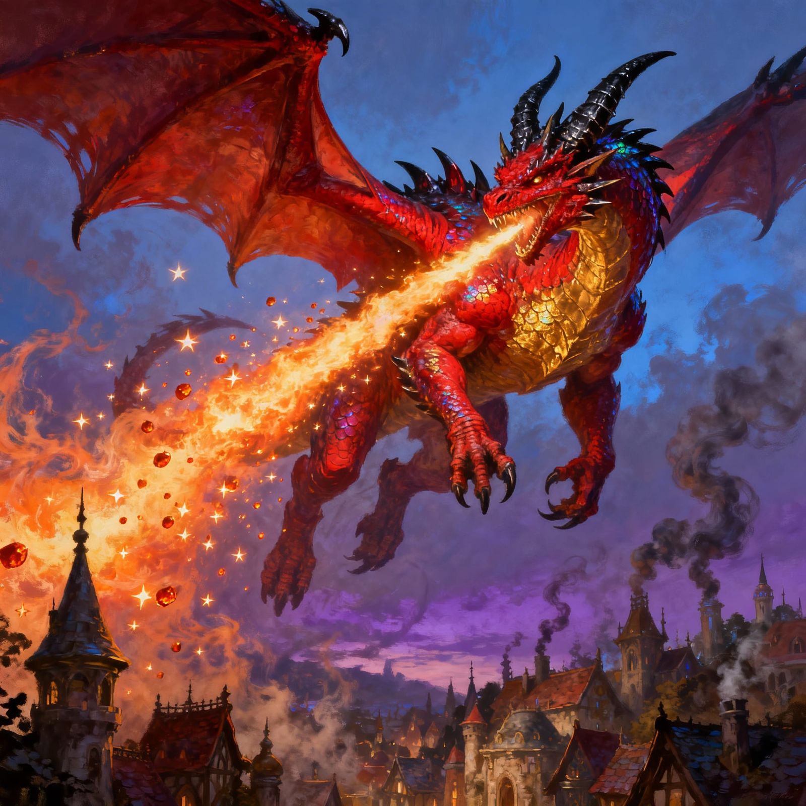 Fearsome Red Dragon Breathing Fire Over Fantasy Town