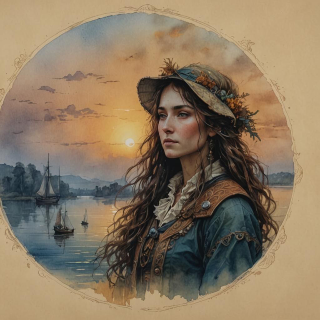 Schooner Sailboat on Lake at Golden Hour