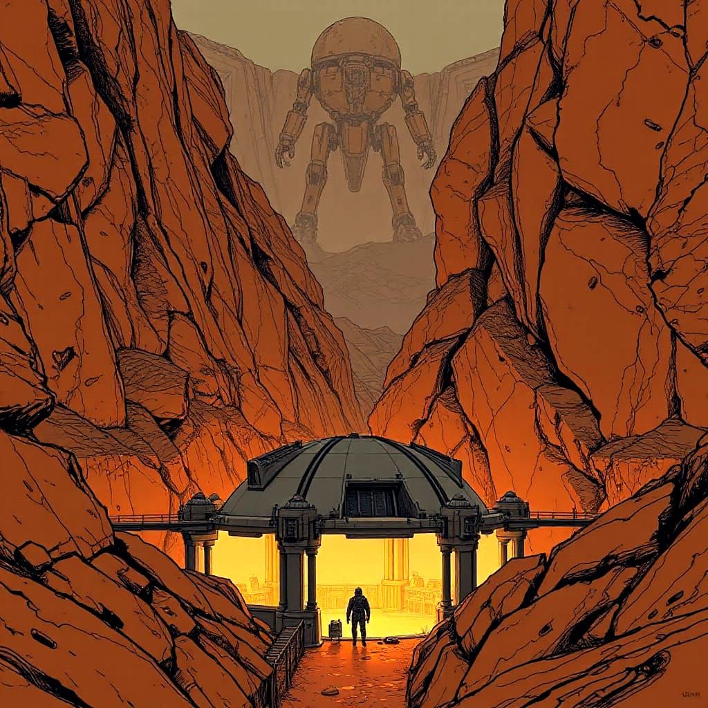 Terraformed Mars Canyon City with Ancient Robot Sentinels