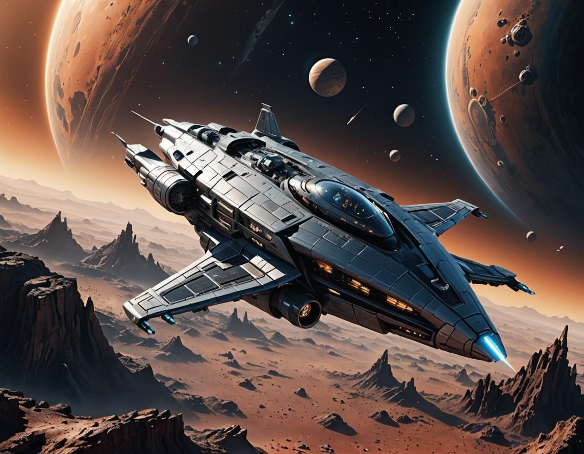 Sleek Spaceship Hovering Above Distant Planet as 3D Art