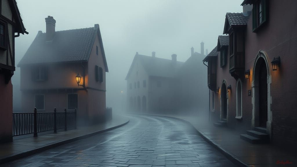 Mysterious Foggy Street in a Medieval European Town