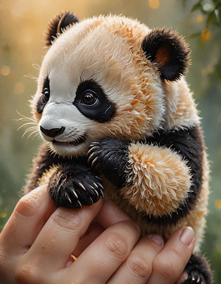 Cute Panda Hugs Finger: Macro Photography in Oil Painting St...