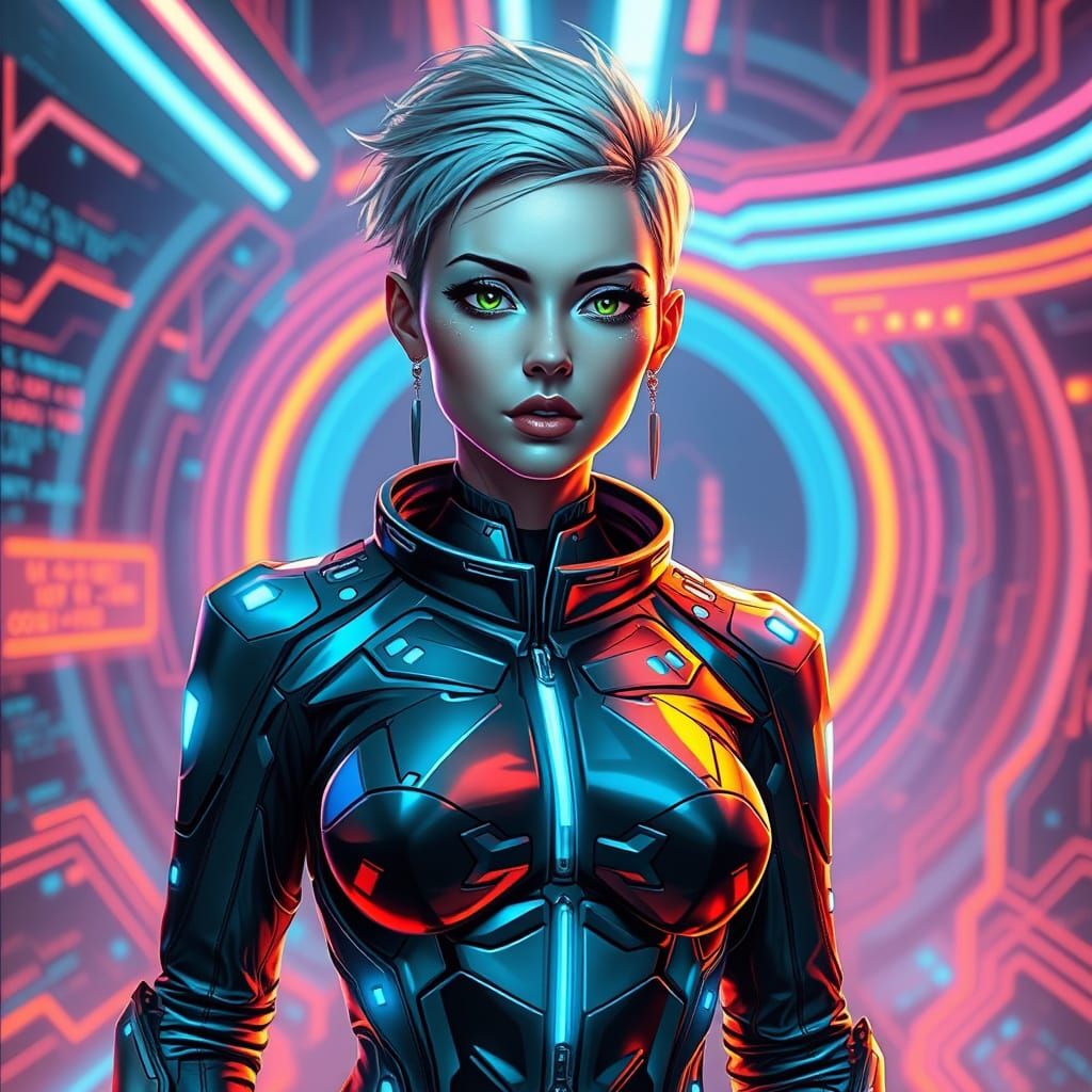 Futuristic AI Agent in Neon Cyberpunk VR Environment