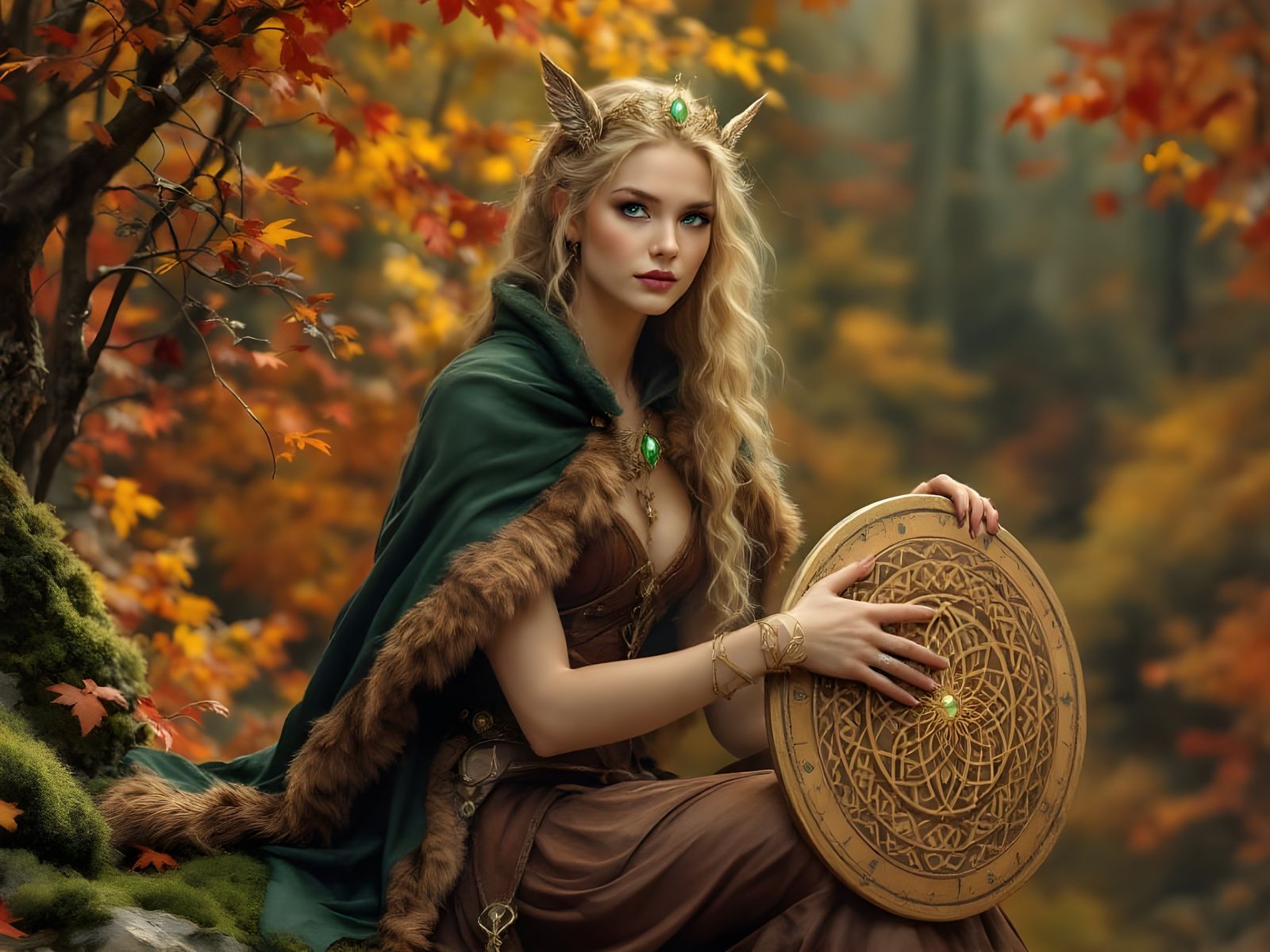 HyperRealistic Autumn Goddess with Winged Crown and Shield