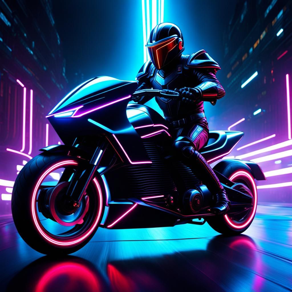 Cyberpunk Knight on Motorcycle with Neon Reflections