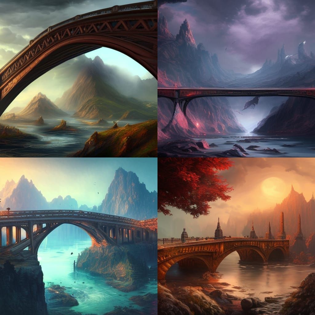 Fantastical Landscapes with Bridges in Detailed Matte Painti...
