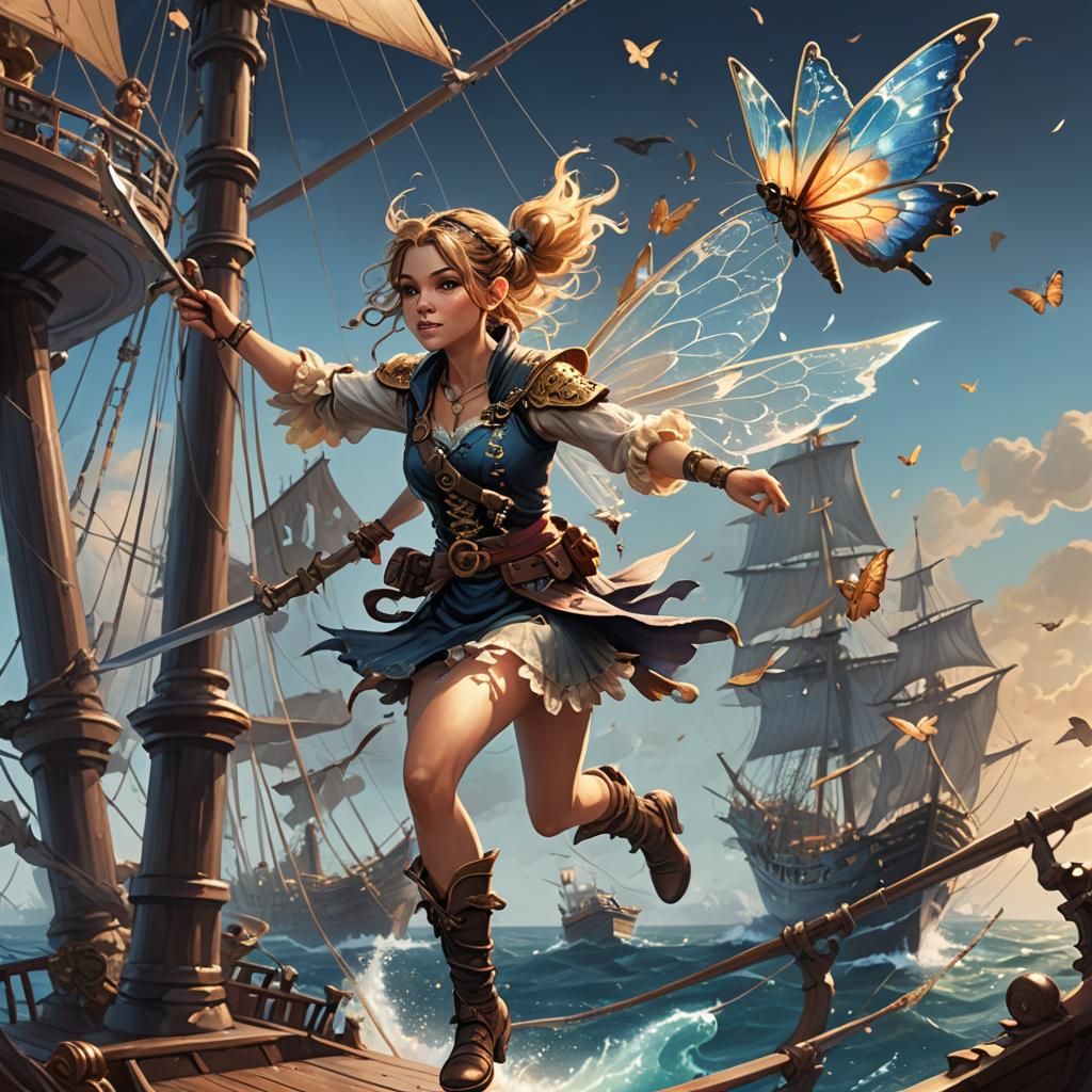 Pixie Pirate Soaring Above Deck, Digital Art