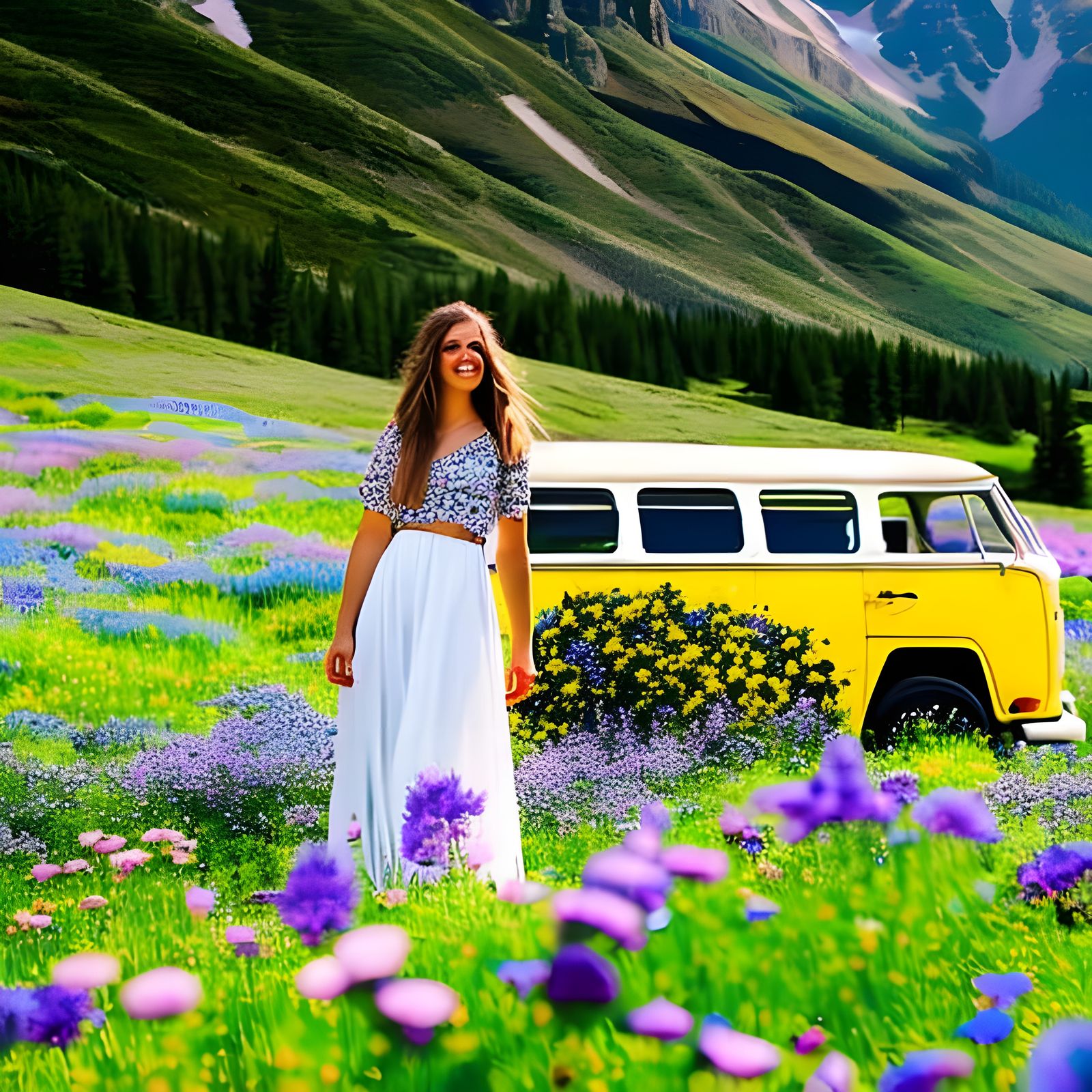 Hippie Girl in Mountain Wildflower Field