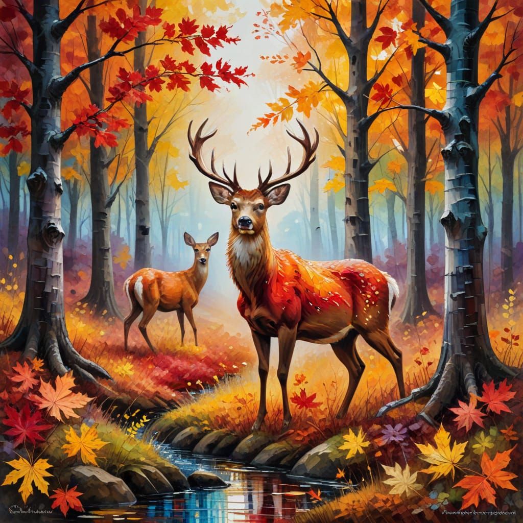 Autumn Deer: Expressionist Hot Wax Impasto Painting