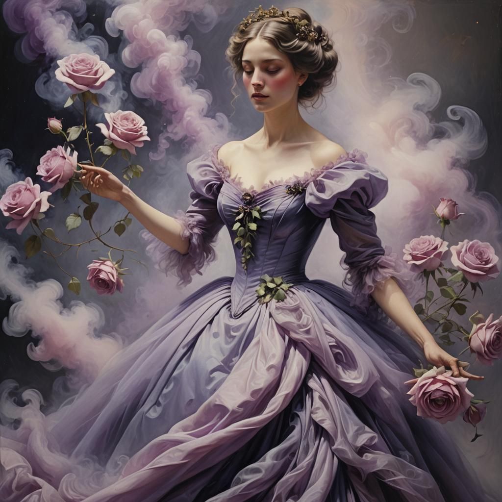 Ethereal Smoke Woman with Roses: Surreal Oil Painting