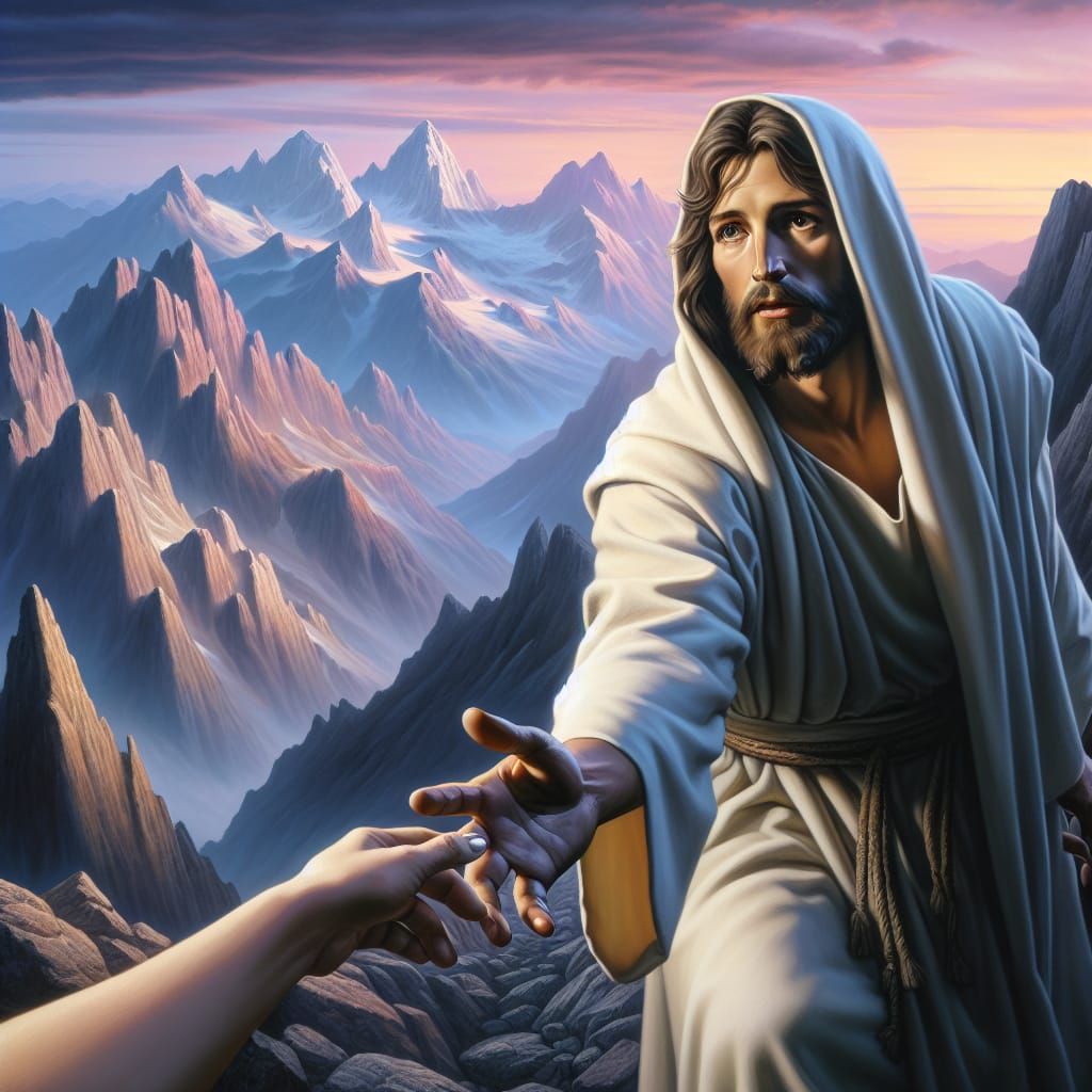 Jesus Climbing Mountain Reaching Out Hand