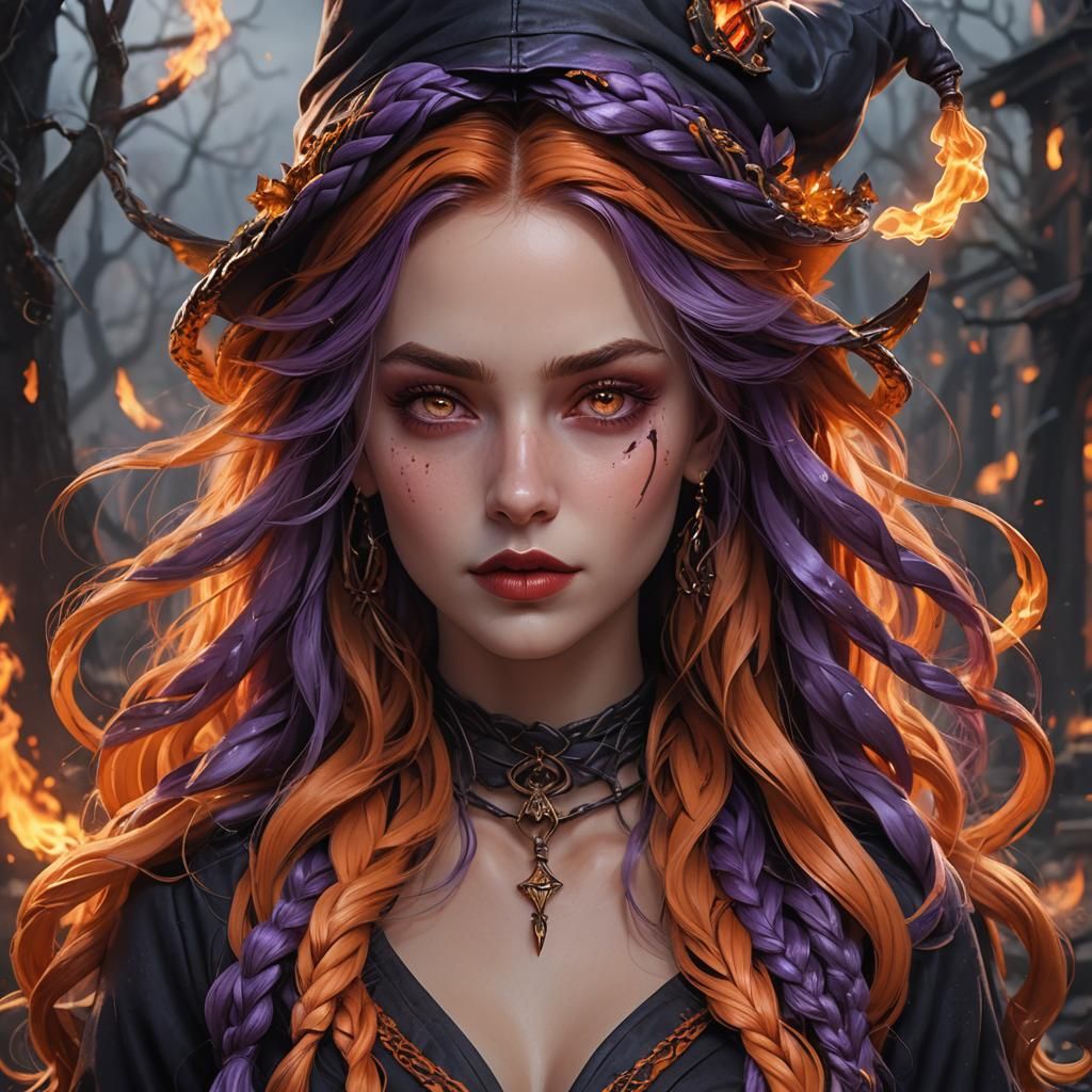 Fiery Enchantress with Purple Eyes