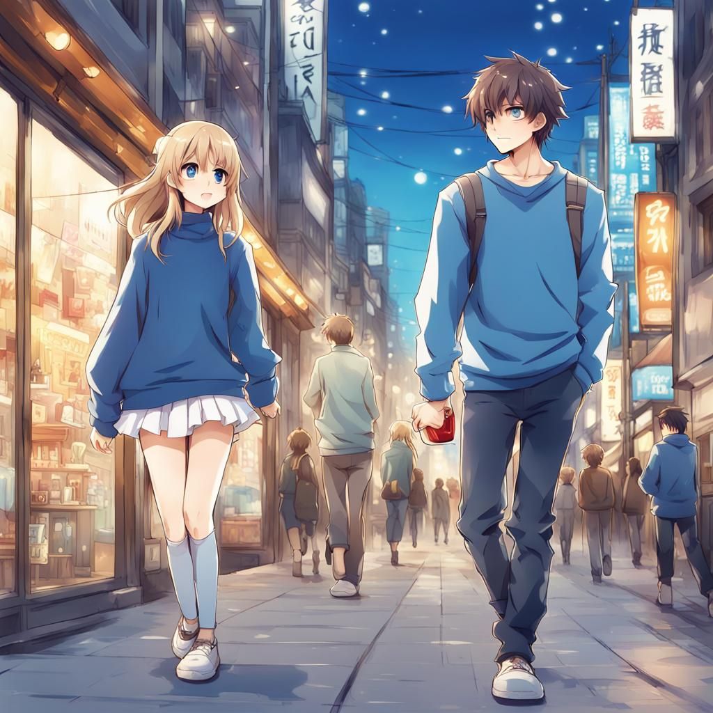 Couple Walking in City Street in Anime Style