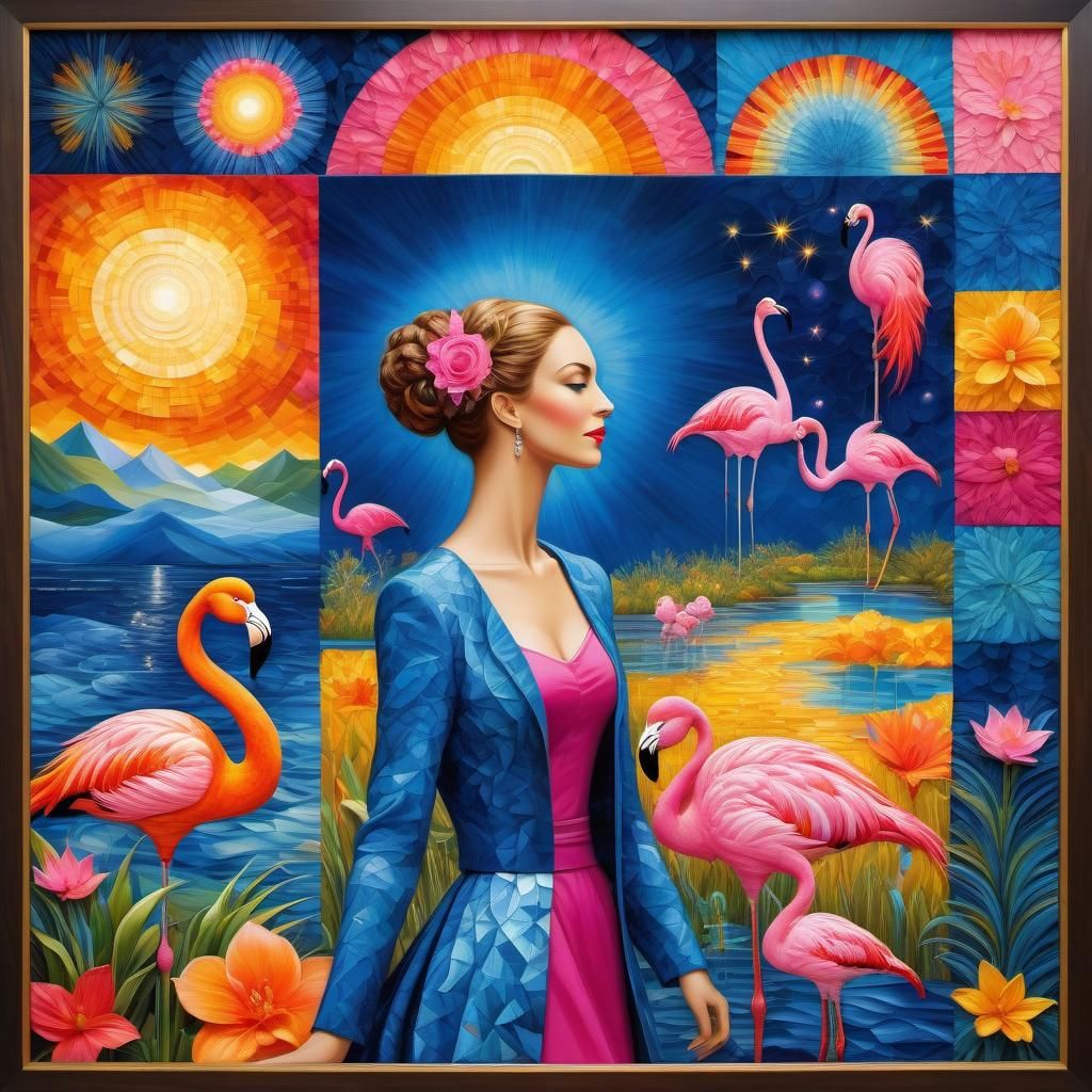 Flamingos Painting in Van Gogh Style with Gold Accents