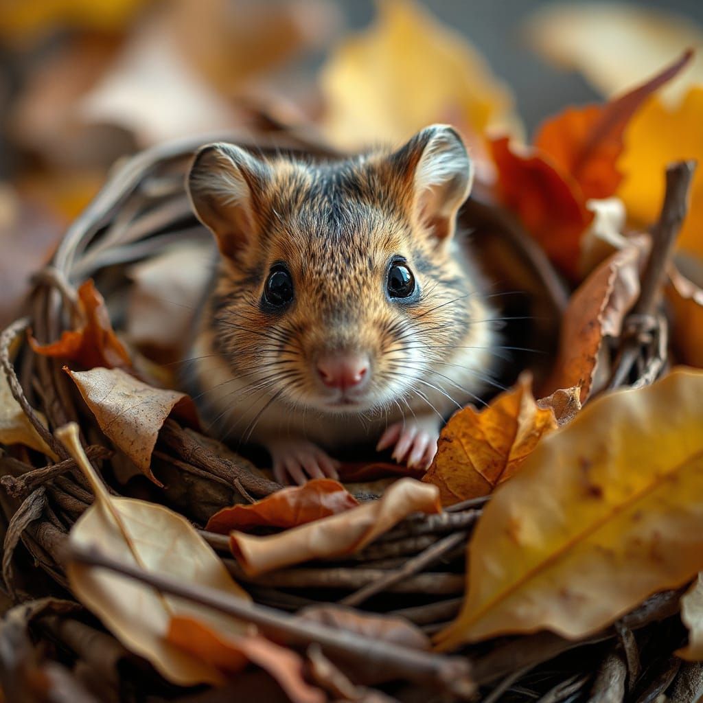 Macro Photo of Cute Mouse in Autumn Leaves Nest